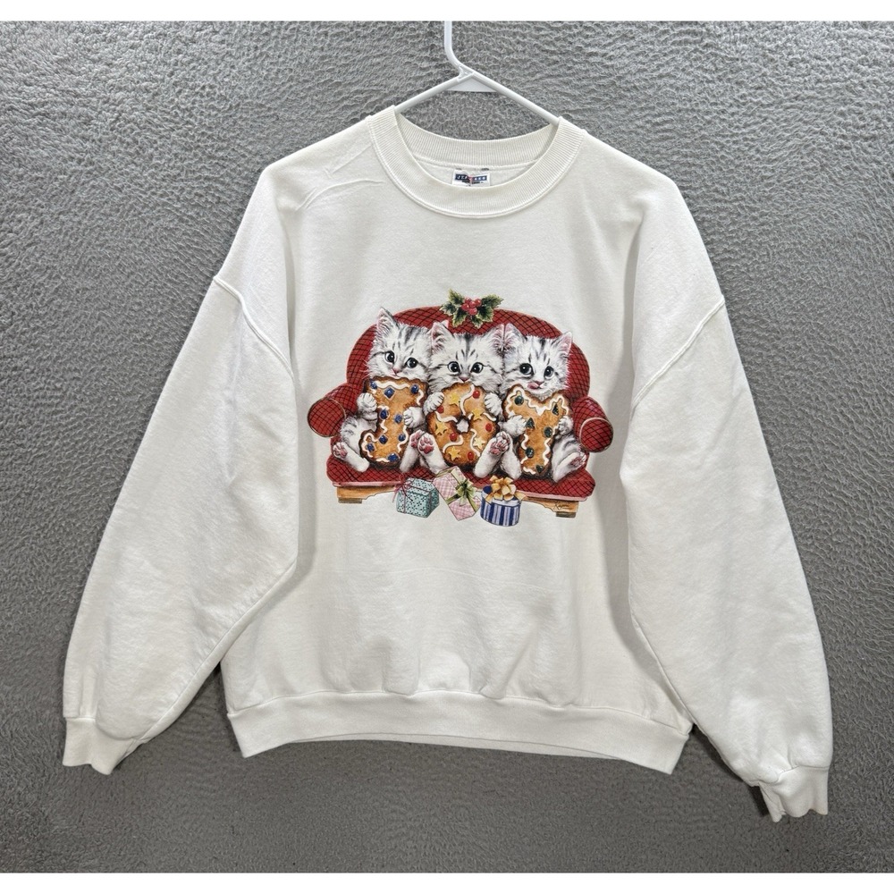 Vintage Jerzees Sweatshirt Womens XL White Crewneck Cats Winter Christmas Y2K - Picture 1 of 12